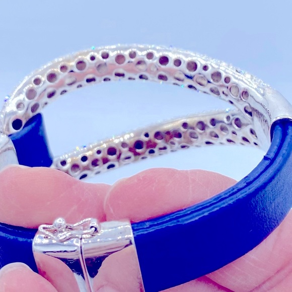 Joan Boyce Edgy Diva Pave Crystal Blue Leather Band Sparkling Bracelet Stunning - Picture 8 of 9